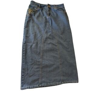 Cato Denim Maxi Skirt Blue Embroidered Long Jean Skirt Gold Floral Pockets Sz 4